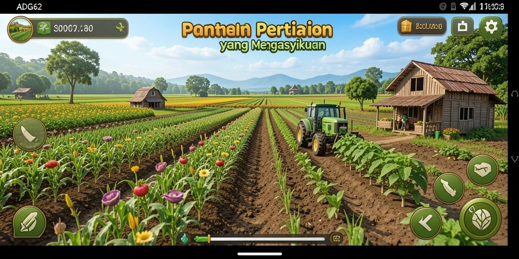 Tampilan utama gameplay ADG62 dengan petani dan ladang yang subur.