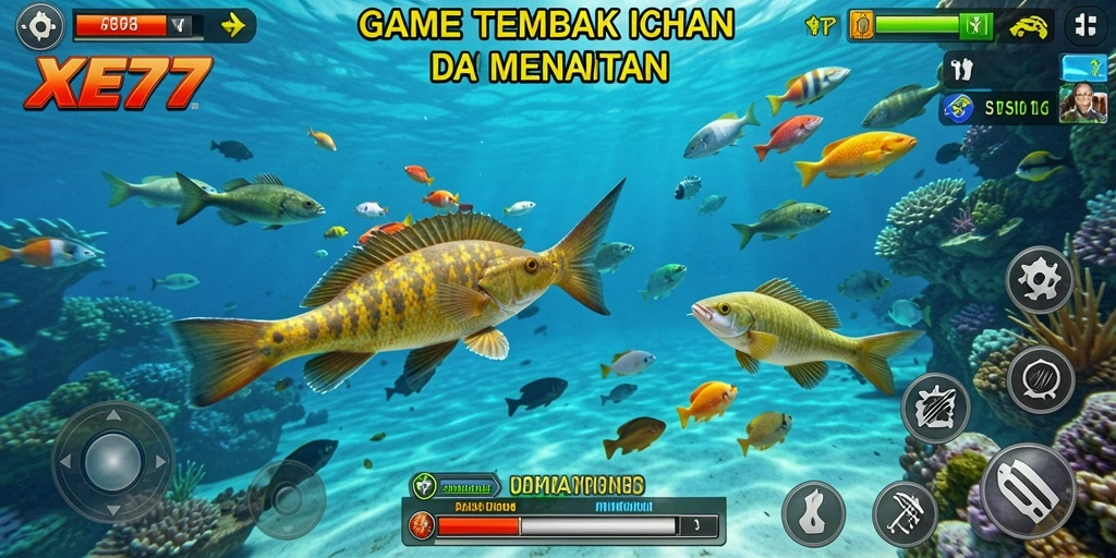 Tampilan permainan XE77 menampilkan aksi menembak ikan yang seru.